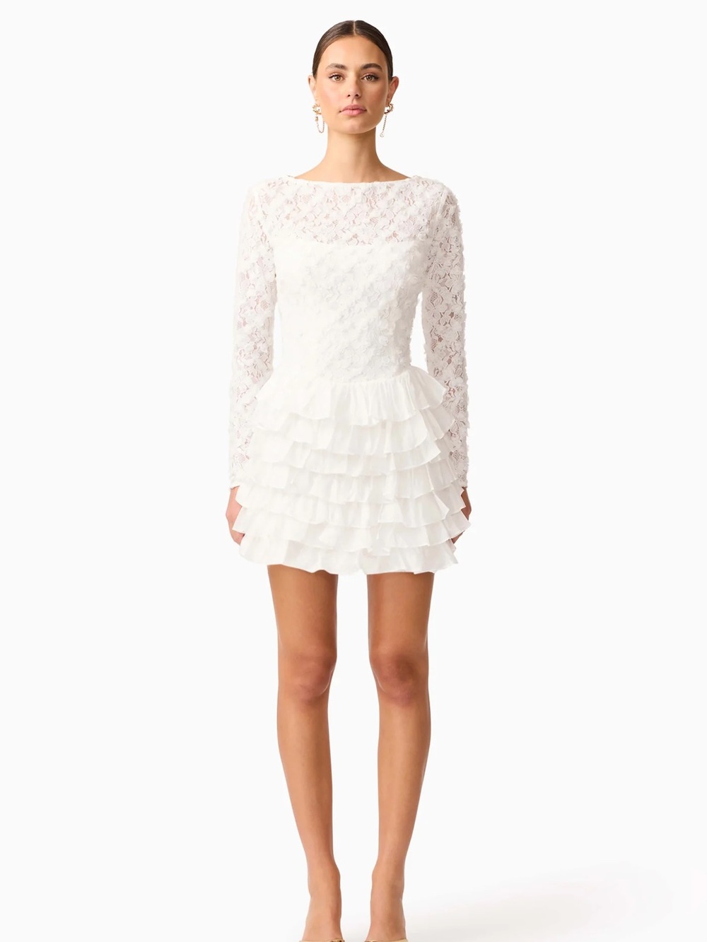 Elliatt Ivory Lace Long-Sleeve Ruffle Mini Dress - XS